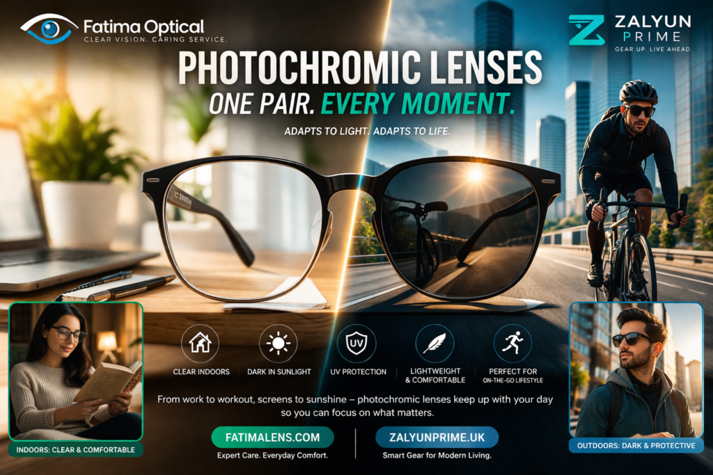 Photochromic lenses changing from clear indoors to dark outdoors
